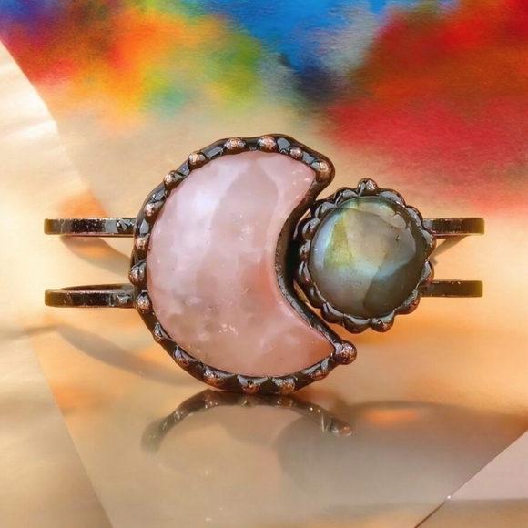 🆕 Pink Rose Quartz & Labradorite Moon Natural Stone Bangle Cuff Bracelet 🌈✨ - Picture 8 of 14